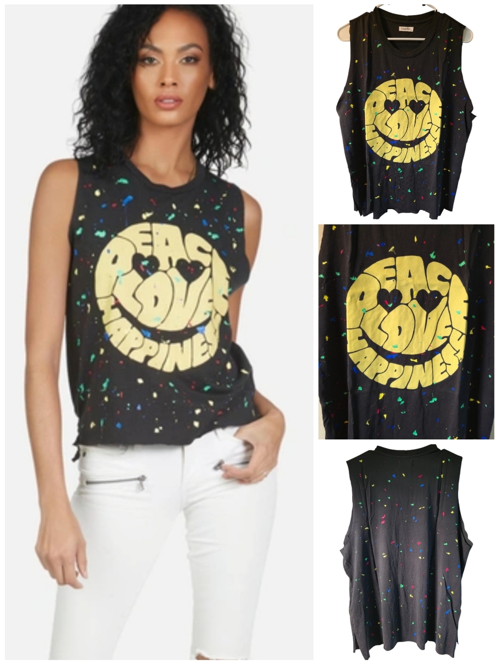 Lauren Moshi Paint-splattered Peace, Love & Happiness tank top